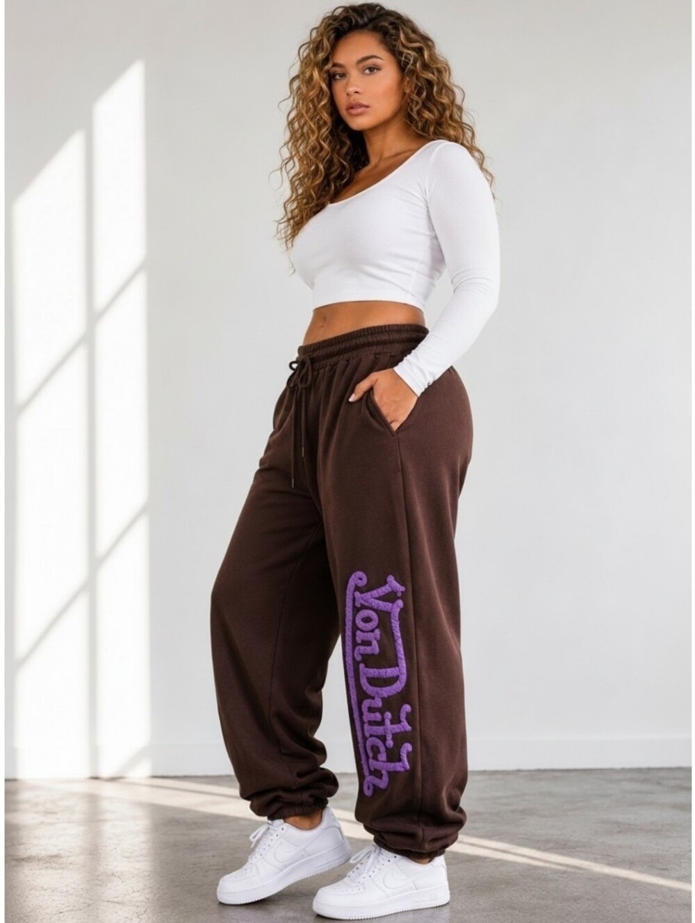 🌈 VON DUTCH Brown Joggers w/ Lilac Chenille Logo Womens Plus Size 2X NWT